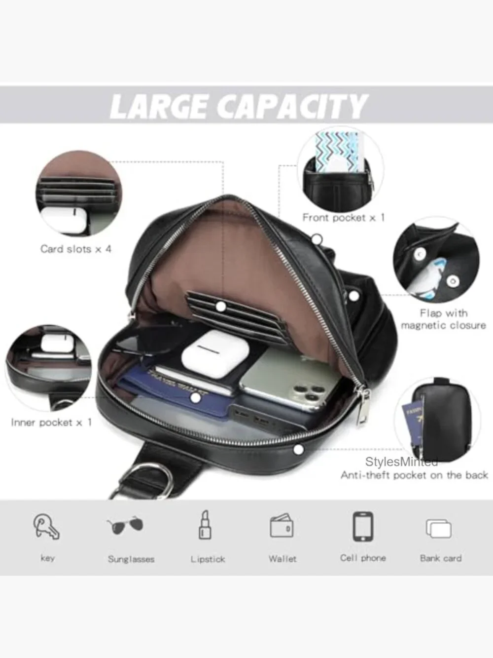 Mini Diaper Bag Crossbody Sling Purse 5-in-1 Vegan Leather Backpack